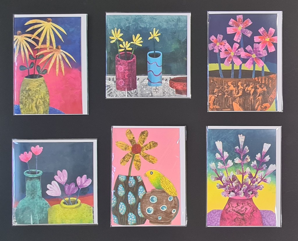 A photograph of six cards laid out in two rows of three on a dark background.

On the top row there are three cards each with quirky images of flowers in vases, in a variety of colours.

On the bottom row the two outside cards have more quirky flowers in vases, and the middle card has one flower in a vase and next to that small jar on which a yellow and green bird is perching.