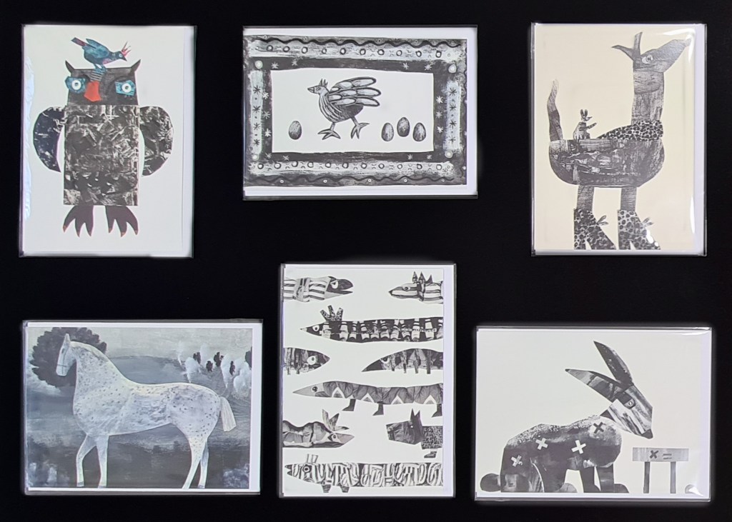 Six cards laid out in two rows of three on a black background .

The top row cards show: a quirky owl with a smaller bird on his head; a hen running, with one egg in front of her and three behind; a quirky dog wearing lace-up leopardskin print boots, and with a tiny mouse-like animal on its back.